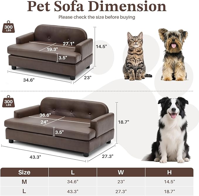 Luxury Dog Sofa Bed Elevated Pet Couch with Durable Waterproof Leather & Orthopedic Sponge - Modern Furniture Style Dog Lounge & Pet Bedside Step for Small/Medium Dogs/Cats, Brown