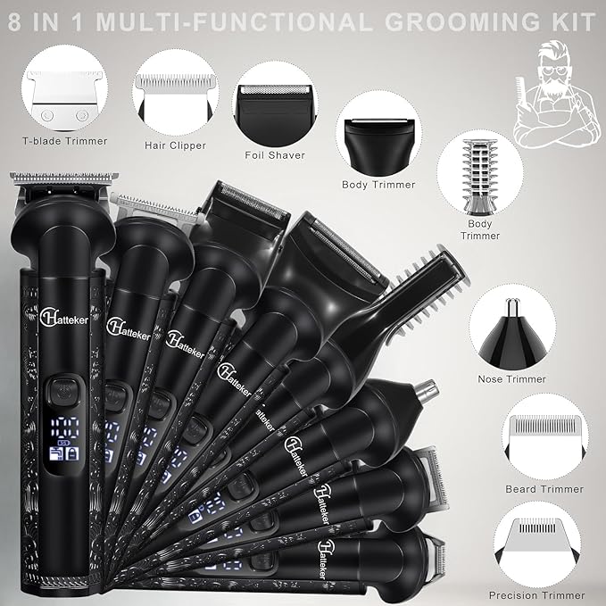 Hatteker 8-in-1 Mens Grooming Kit - Zero-Gap T-Blade Trimmer, IPX7 Waterproof Cordless Set with Hair Clipper/Beard Trimmer/Nose Trimmer, USB Rechargeable (1.5H Charge 180M Use) for Home & Travel