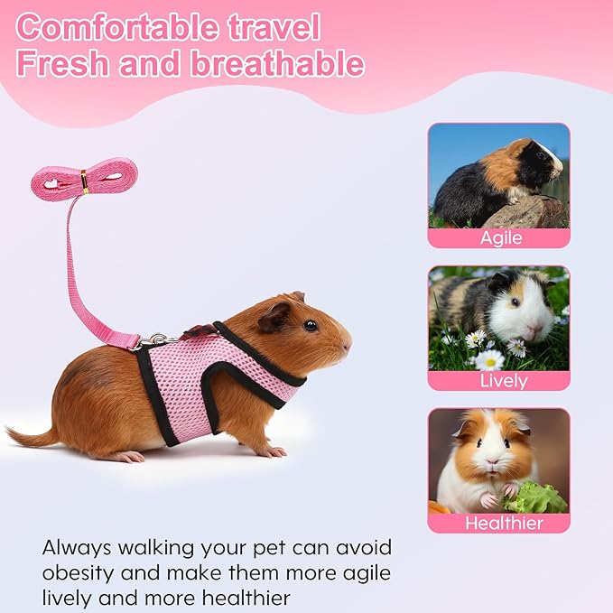 Guinea Pig Harness and Leash，2packs Guinea Pig Clothes Baby Ferret Rats Hamster Soft Mesh Harness Leash for Decoration，Hamster Harness can be Adjusted to Any Size. (Pink + Purple)