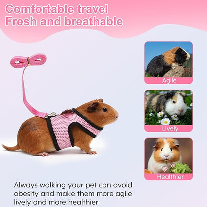 Guinea Pig Harness and Leash，2packs Guinea Pig Clothes Baby Ferret Rats Hamster Soft Mesh Harness Leash for Decoration，Hamster Harness can be Adjusted to Any Size. (Pink + Purple)