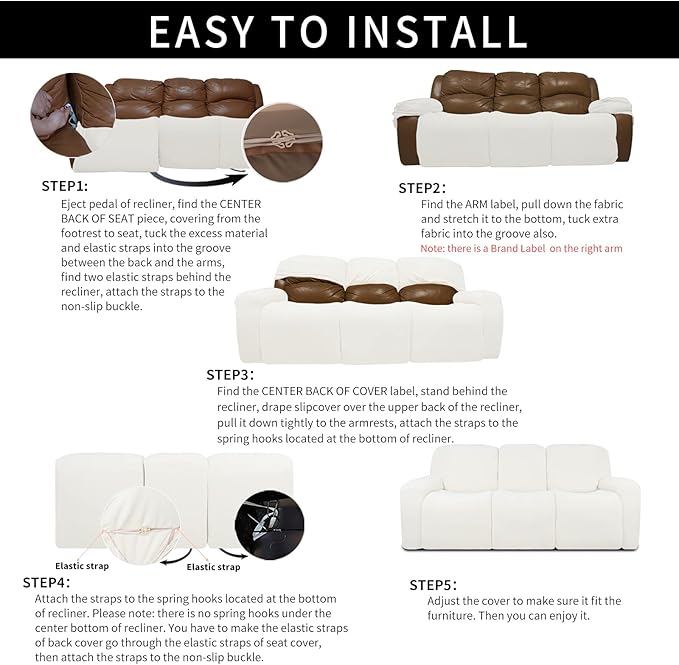Easy-Going 100% Dual Waterproof Recliner Sofa Cover, 8-Pieces Stretch Relining Couch Cover with Pocket, Jacquard 3 Seat Sofa Slipcover Leakproof Washable (Sofa, Cream)