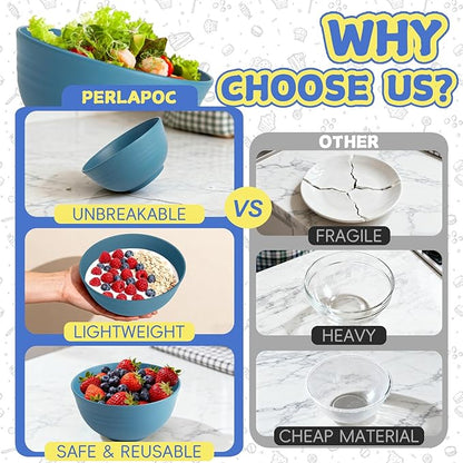 26 OZ Wheat Straw Bowls Set of 6, Reusable Plastic Kitchen Bowls, Unbreakable Bowls Set for Cereal, Salad, Snack, Soup, Ideal for Indoor & Outdoor, Microwave & Dishwasher Safe, Blue