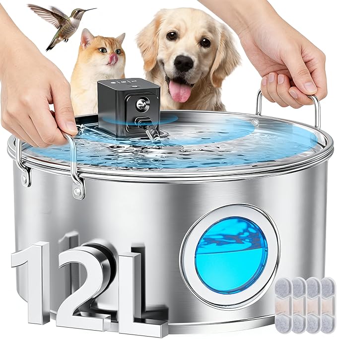 3.4Gal Wireless Automatic Dog Water Fountain for Large Dogs，12L Stainless Steel 3 Modes Dog Fountain Water Bowl Dispenser, Multi Large Pet Water Fountain Ultra Quiet & Multi-Filteration