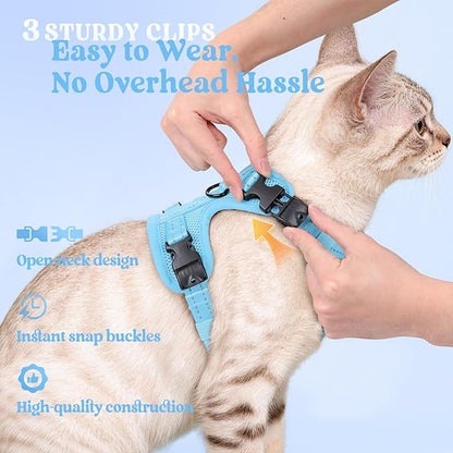 rabbitgoo Cat Harness and Leash, Escape Proof Vest with 3 Adjustable Buckles, Soft Comfortable Kitten Harness, Easy to Wear, Reflective for Safe Outdoor Walking, Medium, Sky Blue