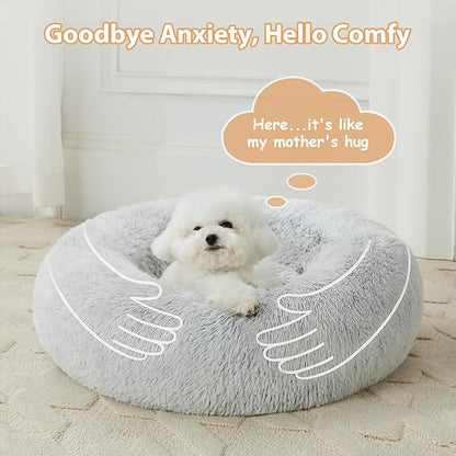 WNPETHOME Calming Dog Bed Cat Bed Donut, Faux Fur Pet Bed Self-Warming Donut Cuddler, Comfortable Round Plush Dog Beds (24 x 24 Inch, Light Grey)