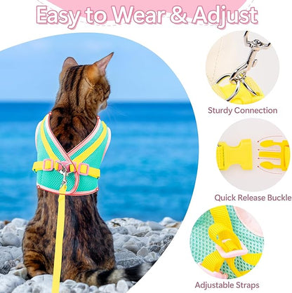Cat Harness and Leash Set Escape Proof, Adjustable Cat Vest Harnesses Soft Kitten Harness Reflective Strips Jacket with Flower, Breathable Mesh Harnesses for Cats Puppy Easy to Wear Outdoor Walking