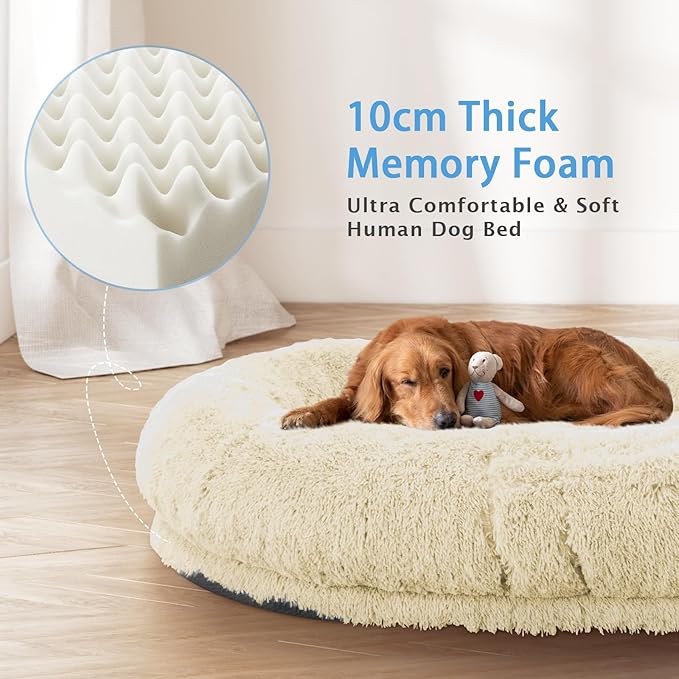 Human Dog Bed, 71''x45''x12'' Size Fits People and Pet 10 CM Thick Memory Foam Washable Adult Large Bed Giant Oversize Foldable Dog Bed with Plump Pillow, Blanket, Strap - Beige