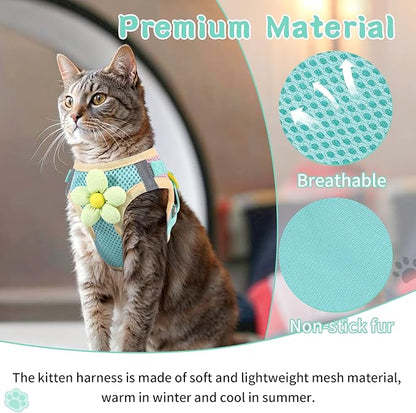 Cat Harness and Leash Set for Walking Escape Proof, Adjustable Kitten Harness Breathable Mesh with Reflective Strips Harness with Flower for Kitty Puppy Bunny Green XS