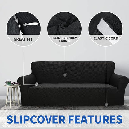 ZNSAYOTX 1 Piece Jacquard Couch Covers for 2 Cushion Couch High Stretch Loveseat Slipcover for Pets Dogs Anti Slip Love Seat Sofa Slipcover Furniture Protector (Loveseat, Black)