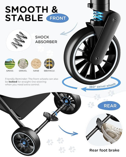 GTPLAYER Pet Stroller for Small Dogs & Cats, 3-in-1 Foldable Pet Stroller with Detachable Carrier, 360° Swivel Front Wheels & Rear Brakes, Up to 45 lbs, Light Blue