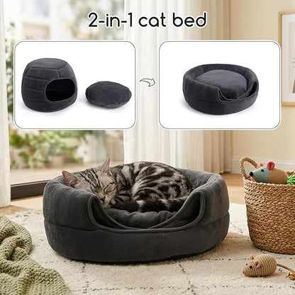Hollypet Cat Bed Self-Warming 2 in 1 Foldable Kitty Cave House Nest Pet Sleeping Bed for Indoor Cats, Gray Igloo