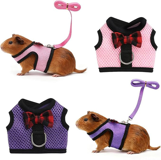 Guinea Pig Harness and Leash，2packs Guinea Pig Clothes Baby Ferret Rats Hamster Soft Mesh Harness Leash for Decoration，Hamster Harness can be Adjusted to Any Size. (Pink + Purple)
