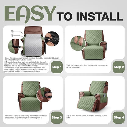 KinCam 100% Waterproof Recliner Chair Cover, Reclining Couch Covers for Pets, Dogs, Recliner Couch Slipcover Furniture Protector with Elastic Straps for Kids(28", Cactus Green)