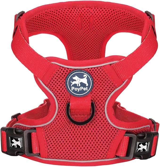 PoyPet Reflective Soft Breathable Mesh Dog Harness Choke-Free Double Padded Vest with Adjustable Neck and Chest(Red,L)