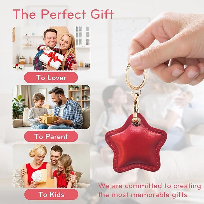 Leather Charm Keychain Holder Case Compatible with AirTag,Cute Protective Star-Shaped Cover with Luxe Ring Clip,Finder GPS Tracker Case for Wallet Keys,Bag,Pets(Red)