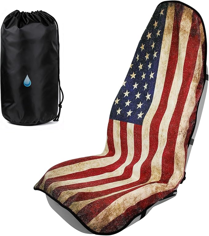 American Flag Car Seat Cover Towel, Waterproof Sweat Protector for Gym Post-Workout & Beach, Universal Fit for Sedans SUV Minivan, Machine Washable Non-Slip Bucket Seat Mat - 1 Pack