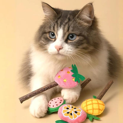 Ptwola 4 Pcs Natural Fruit Silvervine Sticks Cat Kittens Chew Toys Indoor Lollipops Interactive Cat DentalTeething Nip Treat Toys Care Teeth Cleaning for Bored Essentials Increase Appetite Kicker