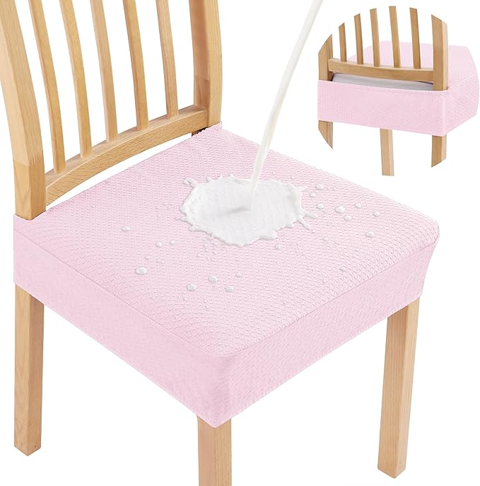 Smiry Waterproof Seat Covers for Dining Room Chairs Set of 4, Stretch Jacquard Removable Washable Chair Seat Slipcovers Protector, No Rear Covers, Pink