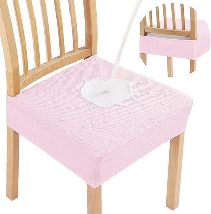 Smiry Waterproof Seat Covers for Dining Room Chairs Set of 4, Stretch Jacquard Removable Washable Chair Seat Slipcovers Protector, No Rear Covers, Pink