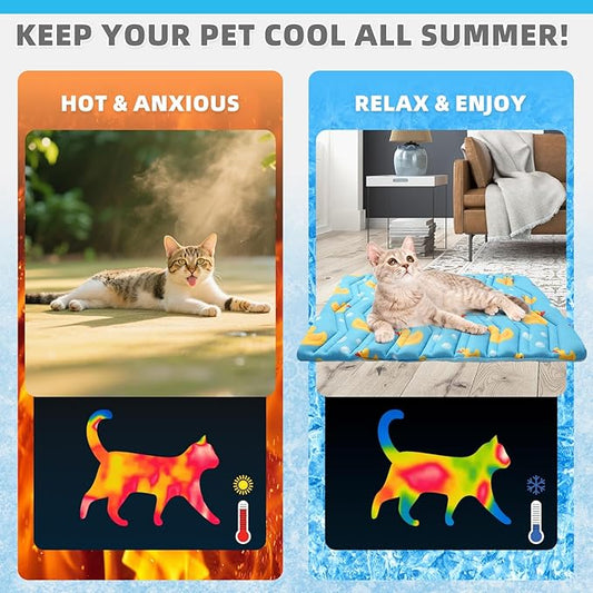 KOOLTAIL Dog Cooling Mat, Upgraded Two Sided Cooling Pad for Dogs Cats Puppy, Soft Pet Sleeping Blanket Keep Cool in Summer with Cute Duck Pattern, Washable Waterproof for Crate Sofa Bed, Blue L
