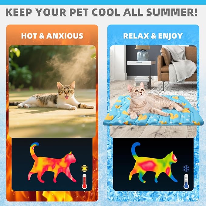 KOOLTAIL Dog Cooling Mat, Upgraded Two Sided Cooling Pad for Dogs Cats Puppy, Soft Pet Sleeping Blanket Keep Cool in Summer with Cute Duck Pattern, Washable Waterproof for Crate Sofa Bed, Blue M