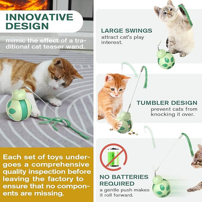 Interactive Cat Treat Toys,Rolling Ball Shape with Teaser Wand on Top,Treat Dispense for Slow Feed and Healthy Diet,Funny Exercise,Safe Play Pet Toy Indoor for Bored Kittens&Adults Cats
