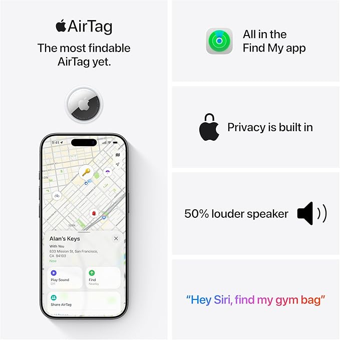 Apple AirTag (2nd Generation): Tracker for Keychain, Wallet, and More; Locator with Sound; Simple One-Tap Setup with iPhone or iPad; Key Finder with up to 1.5X Precision Finding Range