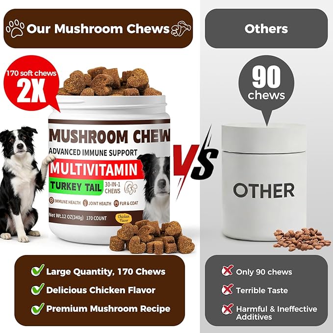Turkey Tail Mushroom for Dogs, 170 Count Mushroom Chews for Dogs, Chicken Flavor Mushroom Supplements for Dogs, Immune Support, Joints Health, Skin & Coat, Lumps & Bumps Care Multivitamin