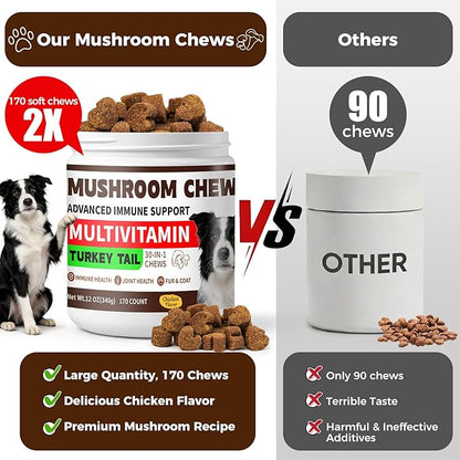 Turkey Tail Mushroom for Dogs, 170 Count Mushroom Chews for Dogs, Chicken Flavor Mushroom Supplements for Dogs, Immune Support, Joints Health, Skin & Coat, Lumps & Bumps Care Multivitamin