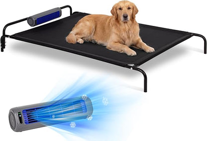 Tailwaggz Elevated Outdoor Dog Bed with Fan - Cooling Dog Bed for Large Dogs, Waterproof Cot Easy to Assemble, 3 Wind Speed, Raised Dog Bed with Washable Mesh Cover, Durable, Non Slip, Up to 105 lbs