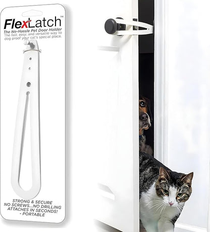FlexLatch Cat Door Holder Latch - Bright White Cat Door Alternative Installs Fast Flex Latch Strap Let's Cats in and Keeps Dogs Out of Litter & Food. Safe Baby Proof One Piece No Measuring Extra Easy