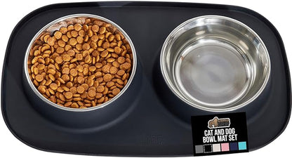 GORILLA GRIP Feeding Mat Bowl Set, 3 Cup 100% Waterproof BPA Free Silicone Base, 304 Stainless Steel Cat and Dog Bowls for Food and Water, Slip Resistant, High Edge, US Designed, Patent Pending, Black