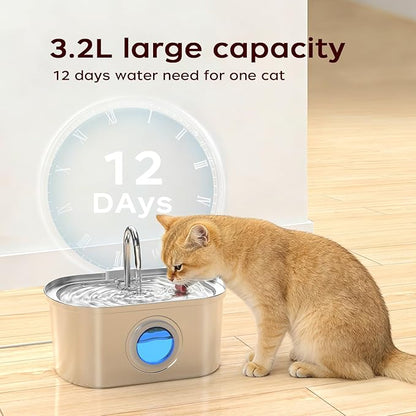 Cat Water Fountain Stainless Steel with Water Level Window,108oz/3.2L Cat Fountain Quiet Automatic Pet Water Fountain for Cats and Small Dogs