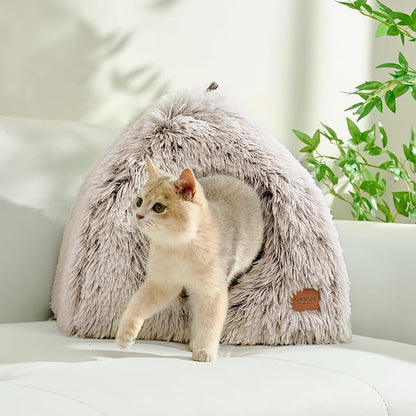 CATISM Cat Bed, Cat Cave for Indoor Cats, Soft Cat Dome, Self-Warming 2 in 1 Foldable Pet Cat House with Washable Cushioned Pillow Calming Fluffy Dog Beds for Small Dogs with Anti-Slip Bottom Brown L