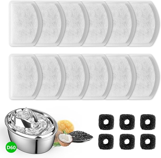12+6 Pack Zeepet Cat Fountain Filters, Compatible with ORSDA Cat Water Fountain Filter for D60 100oz/3L Automatic Stainless Steel Pet Fountains, 12 Replacement Water Filters + 6 Pre-Filter Sponges