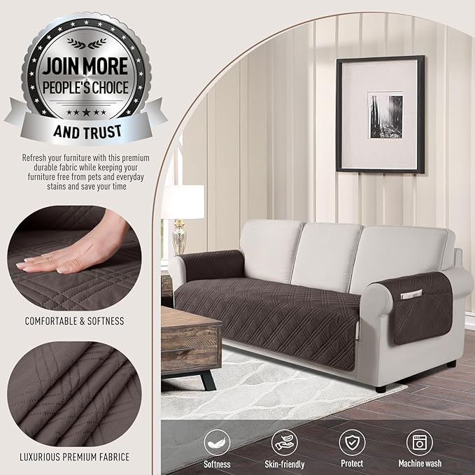 TAOCOCO Waterproof Sofa Covers for Dogs with Non Slip Backing, Sofa Seat Covers with Side Pocket for 3 Cushion Couch Washable Pet Couch Cover Protector Sofa Slipcovers for Kids(Sofa Plus, Chocolate)