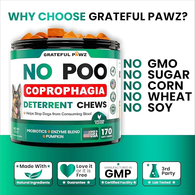 Grateful Pawz No Poo Chews for Dogs - 170 Chews - Coprophagia Stool Eating Deterrent for Dogs Supplement - Prevent from Eating Poop - Probiotics & Digestive Enzymes - Advanced Strength - Made in USA