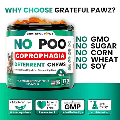 Grateful Pawz No Poo Chews for Dogs - 170 Chews - Coprophagia Stool Eating Deterrent for Dogs Supplement - Prevent from Eating Poop - Probiotics & Digestive Enzymes - Advanced Strength - Made in USA