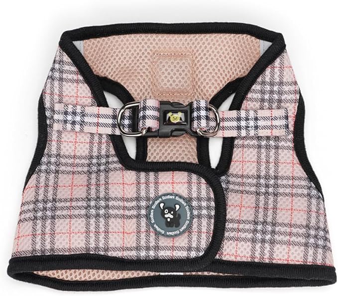 EcoBark Step in Dog Harness - Eco-Friendly Small Breed Dog Harnesses for Small and Medium Breed Dogs - Reflective and Adjustable Body Halter Vest - Soft Mesh Toy Breed Harness (Beige Plaid, Large)