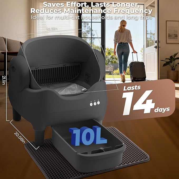 KITPLUS Self Cleaning Litter Box, Automatic Cat Litter Box with APP Control, Odor-Free Waste Disposal Includes Trash Bags, Large Waste Bin, Open-Top, for Multiple Cats