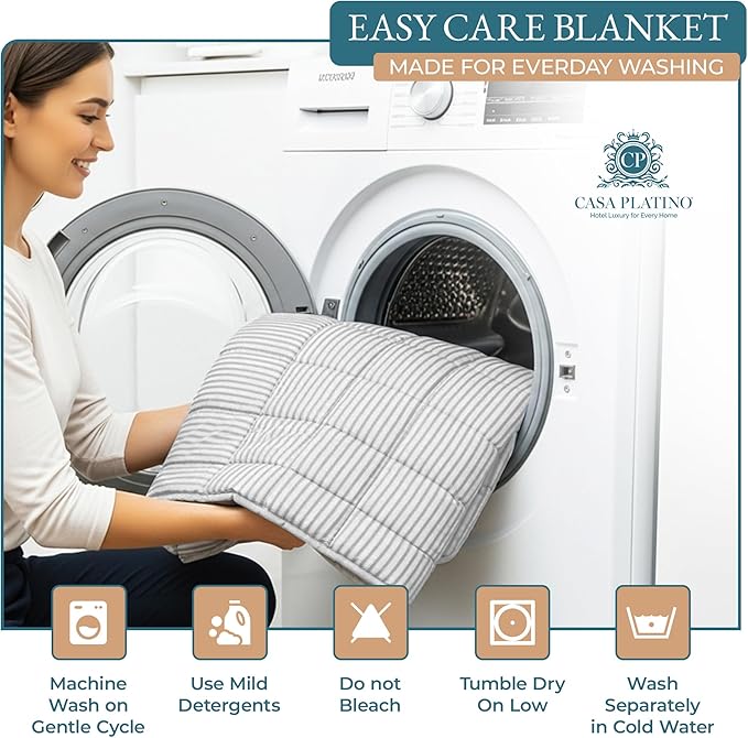 Casa Platino Quilted Blanket Twin XL – Pre-Washed Lightweight Down Alternative Bedding, Reversible Microfiber - All Season Use – Ticking Stripe Silver