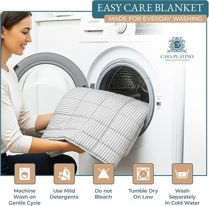 Casa Platino Full Size Blanket – Quilted & Reversible Microfiber Bedding, Lightweight Down Alternative Fill, Pre-Washed for Soft Comfort – Ticking Stripe Silver