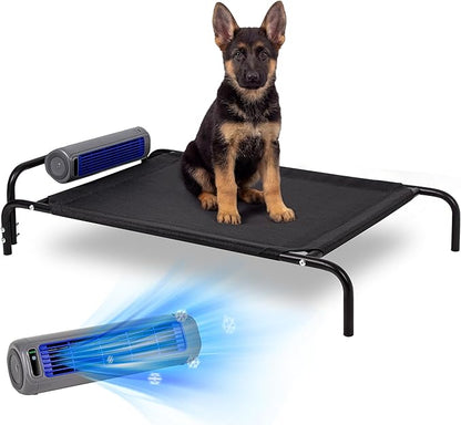 Tailwaggz Elevated Outdoor Dog Bed with Fan - Cooling Dog Bed for Large Dogs, Waterproof Cot Easy to Assemble, 3 Wind Speed, Raised Dog Bed with Washable Mesh Cover, Durable, Non Slip, Up to 85 lbs