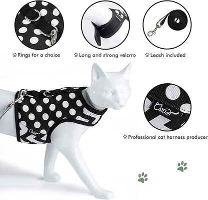 Cat Harness and Leash for Walking Escape Proof, Adjustable Cat Vest Harness, Padded Stylish Cat Walking Jackets, Polka Dot Black, X-Small
