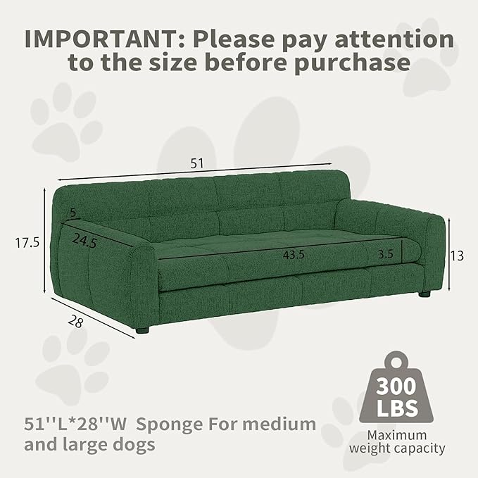 Dog Couch Bed with Backrest and Armrest, Durable Pet Sofa with Soft Foam Cushion, Elevated Dog Couch Bed with Legs for Medium and Large Dogs, Emerald Green