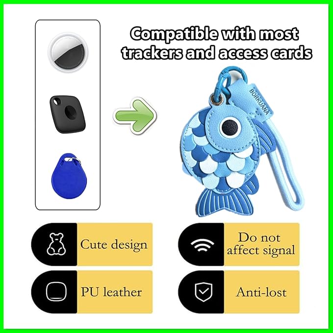 Leather Keychain Holder Case Compatible with AirTag,Cute Protective Cover with Keyring and Lanyard,Anti-Scratch Finder GPS Tracker Case for Wallet Keys,Bag,Pets,Backpack(Blue Fish)