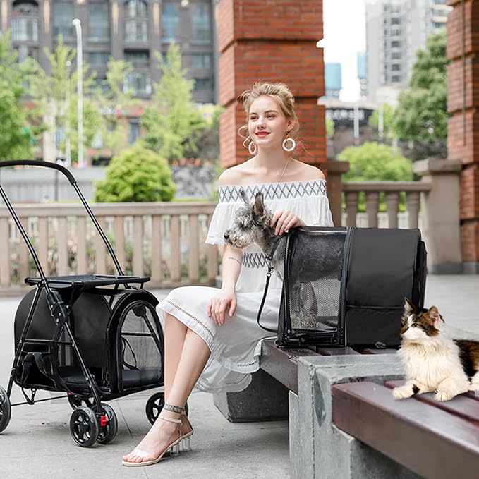 Double Pet Stroller for Dogs and Cats with 2 Detachable Carrier, Quick-Folding Dog Stroller for Medium Small Dogs Cats, 4 Wheels, Black