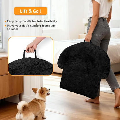 GGIB Calming Dog Bed Fluffy Plush Dog Mat for Furniture Protector with Removable Washable Cover for Large Medium Small Dogs and Cats (Large, Black)