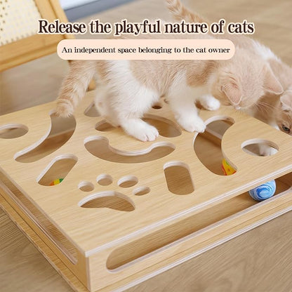 Interactive Wooden Cat Puzzle Toy Box with 4 Balls Interactive Cat Toy for Indoor Cats Indoor Hunting Play Toy Treat Puzzle Toys for Cats