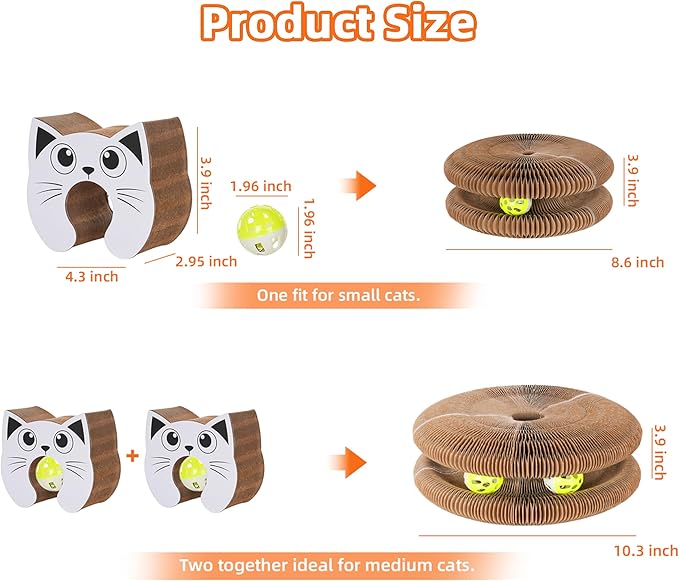 Twisty Paws Cat Toy - Magic Organ Kitty Curl Scratcher with Bell-Ball, Magnetic & Foldable Cardboard Shape Shifting, Interactive Accordion Kurlz Board for Indoor Cats